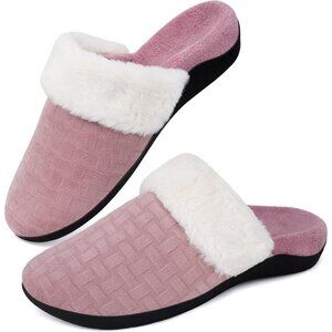 Women's Fuzzy Slipper Bedroom Support Slip On Scuffs Rubber Sole Pink Shoes